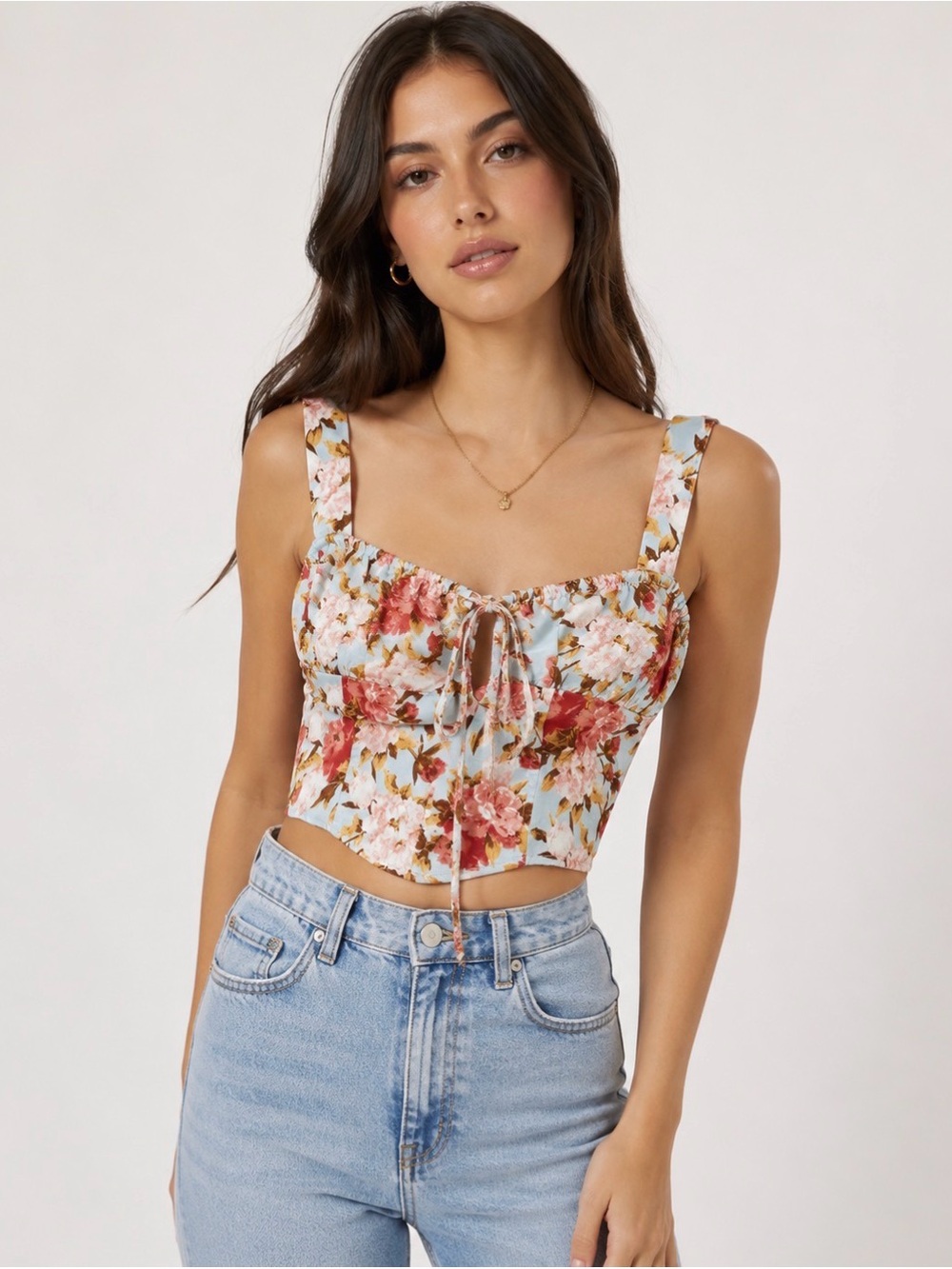 Cider Light Blue Floral Tie-Front Crop Top